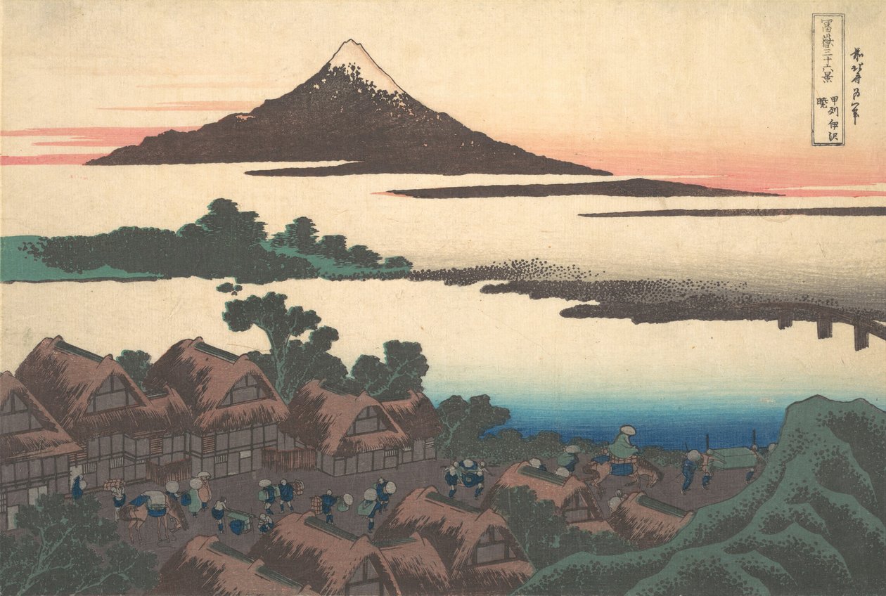 Amanhecer em Isawa na província de Kai Koshu Isawa no akatsuki, da série Trinta e seis..., ca. 1830-32. de Katsushika Hokusai