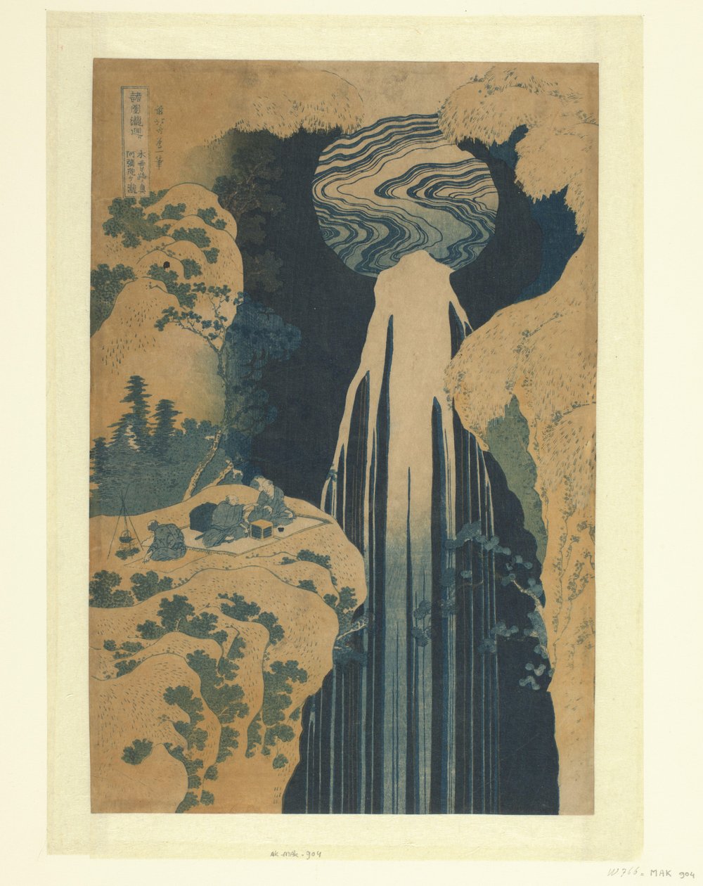 De Amida waterval langs de Kisokaido Kisoji no oku Amida-ga-taki (título no objeto) Een rondreis langs de watervallen in de provincies (título da série) Shokoku taki meguri (título da série no objeto) de Katsushika Hokusai