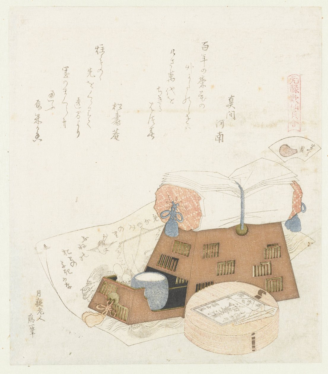 A concha do travesseiro Makuragai (título no objeto) Uma comparação de poemas e conchas de Genroku (título da série) Genroku kasen kaiawase (título da série no objeto) de Katsushika Hokusai