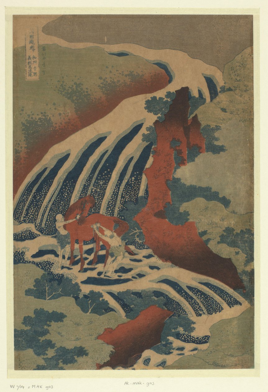 A cachoeira onde Yoshitsune lavou seu cavalo em Yoshino em Yamato. Washu Yoshino Yoshitsune uma taki (título do objeto) Um passeio pelas cachoeiras nas províncias (título da série) Soshu Oyama Roben no taki (título da série no objeto) de Katsushika Hokusai