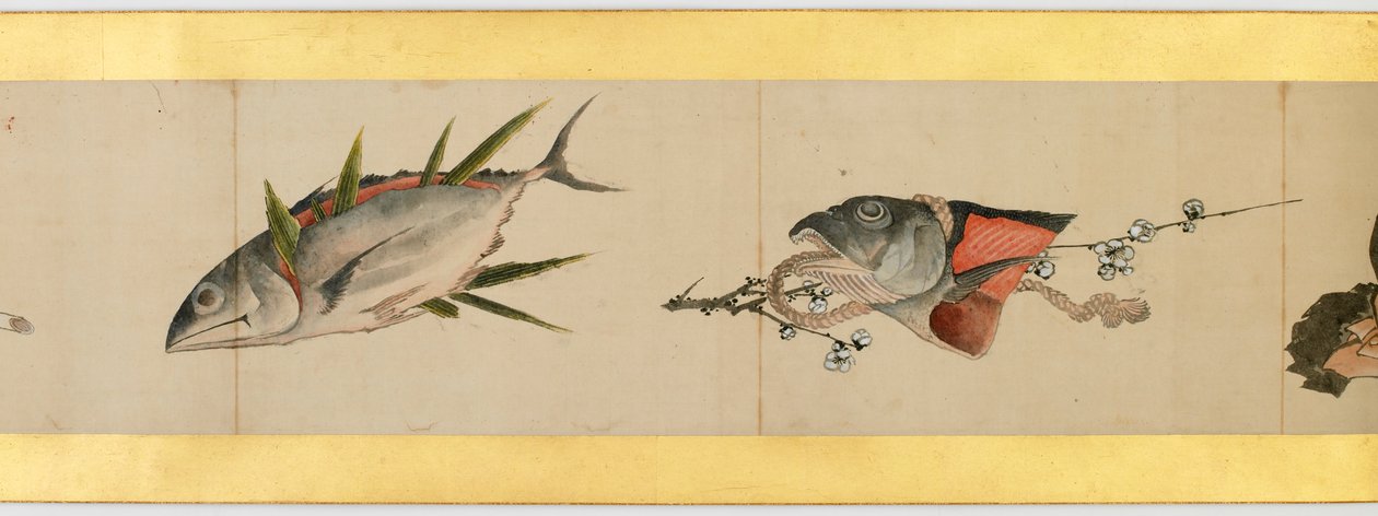 Detalhe do rolo de mãos com imagens diversas, período Edo de Katsushika Hokusai