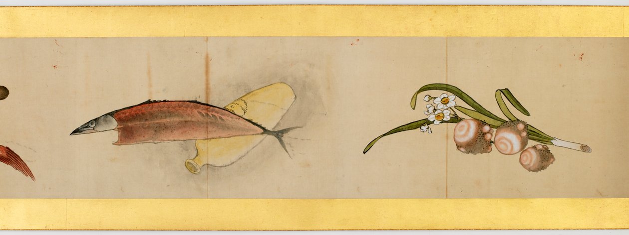 Detalhe do Handscroll com diversas imagens, período Edo, 1839 tinta e cor em papel de Katsushika Hokusai