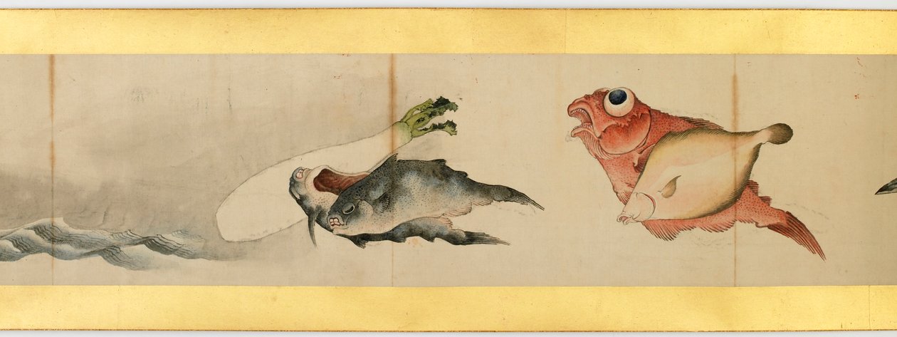 Detalhe do Handscroll com diversas imagens, período Edo, 1839 tinta e cor em papel de Katsushika Hokusai