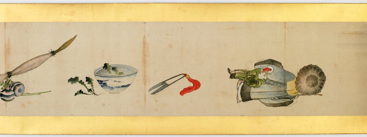 Detalhe do Handscroll com diversas imagens, período Edo, 1839 tinta e cor em papel de Katsushika Hokusai