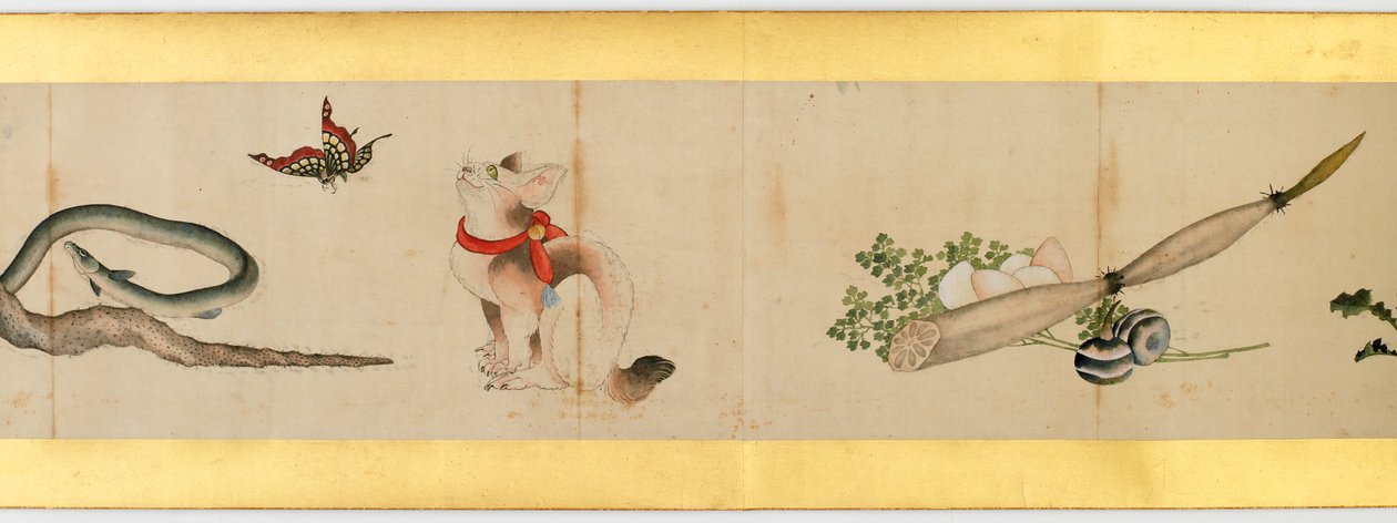 Detalhe do Handscroll com diversas imagens, período Edo, 1839 tinta e cor em papel de Katsushika Hokusai