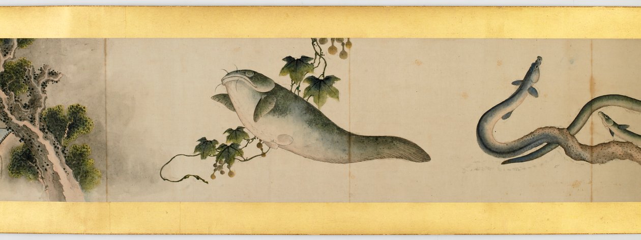 Detalhe do Handscroll com diversas imagens, período Edo, 1839 tinta e cor em papel de Katsushika Hokusai