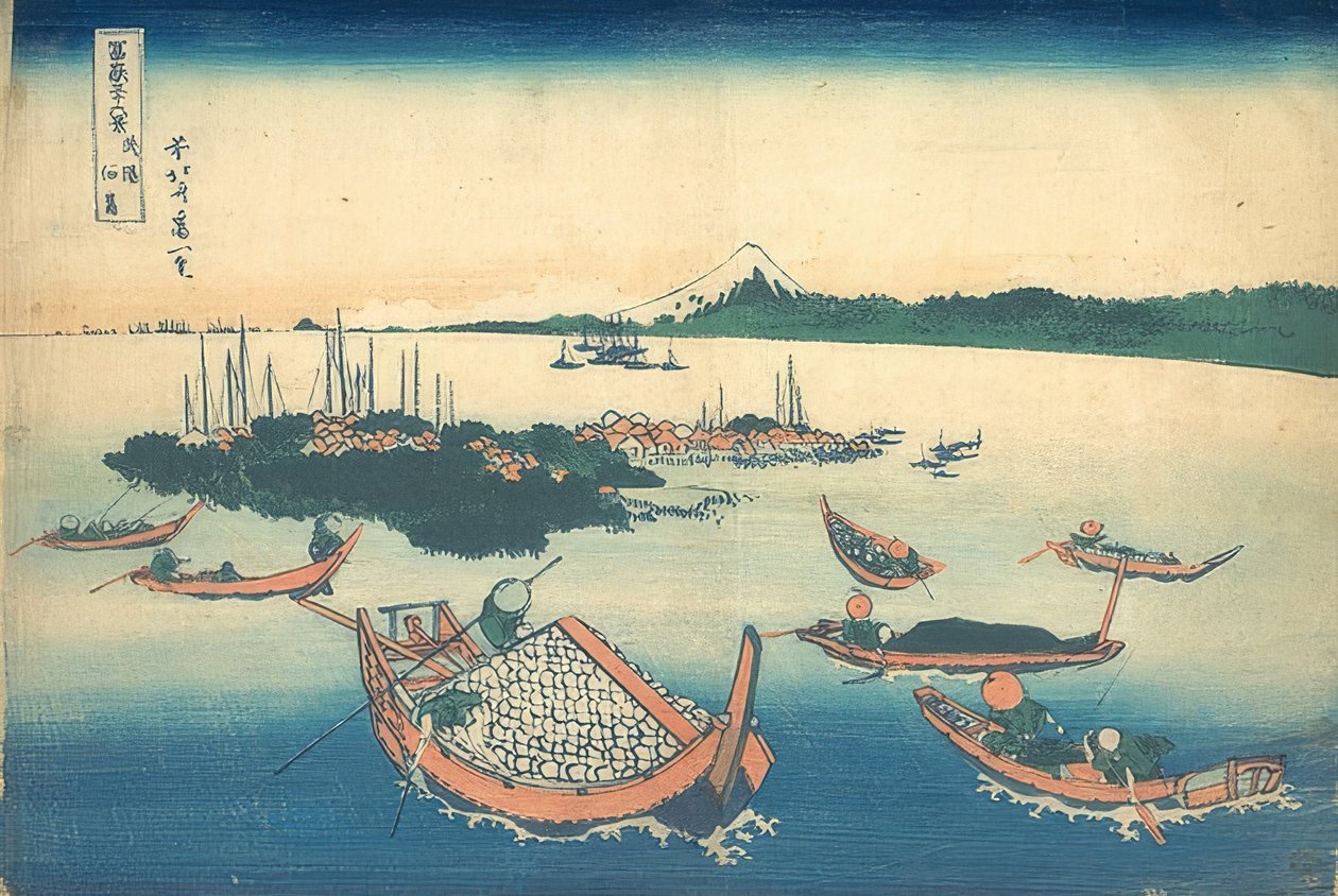 A ilha de Tsukuda, na província de Musashi (da série de imagens 36 vistas do Monte Fuji). 1830-33 de Katsushika Hokusai