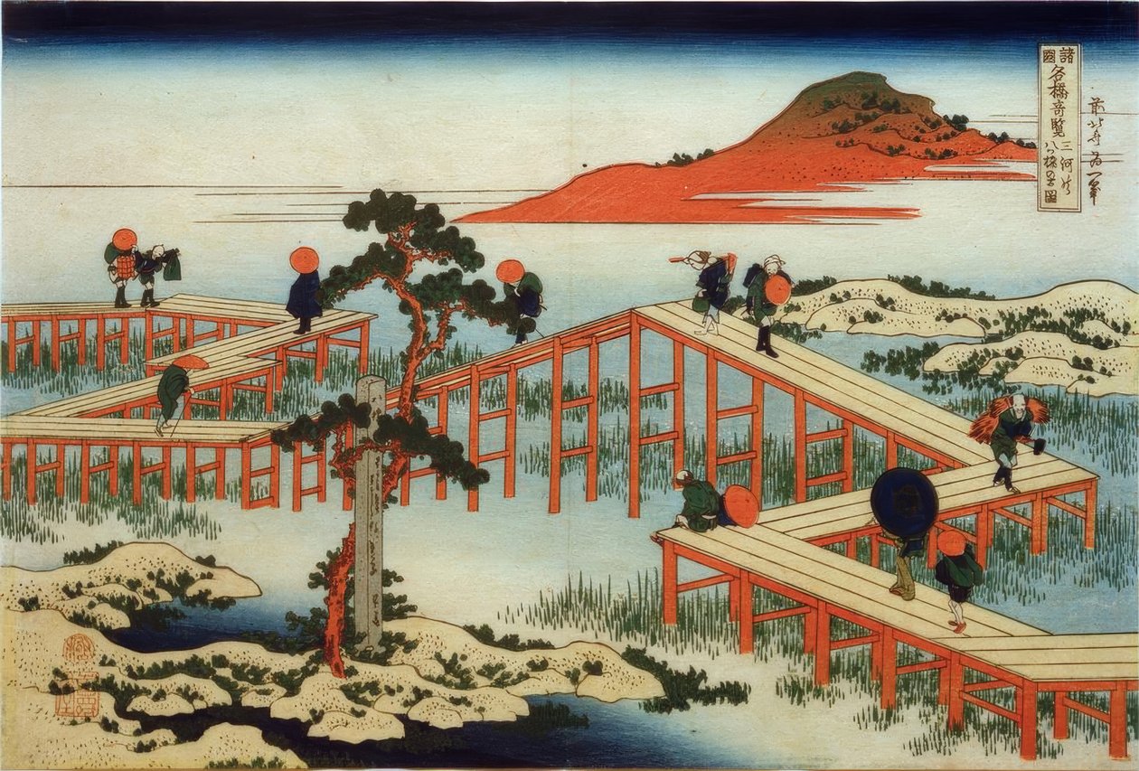 A antiga visão da ponte Yatsuhashi na província de Mikawa de Katsushika Hokusai