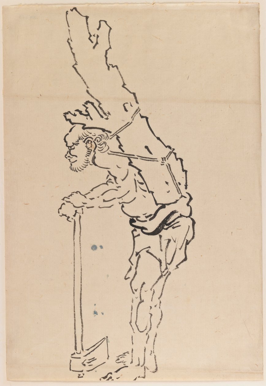 Desenho de um homem descansando em um machado e carregando parte de um tronco de árvore nas costas (tinta no papel) de Katsushika Hokusai