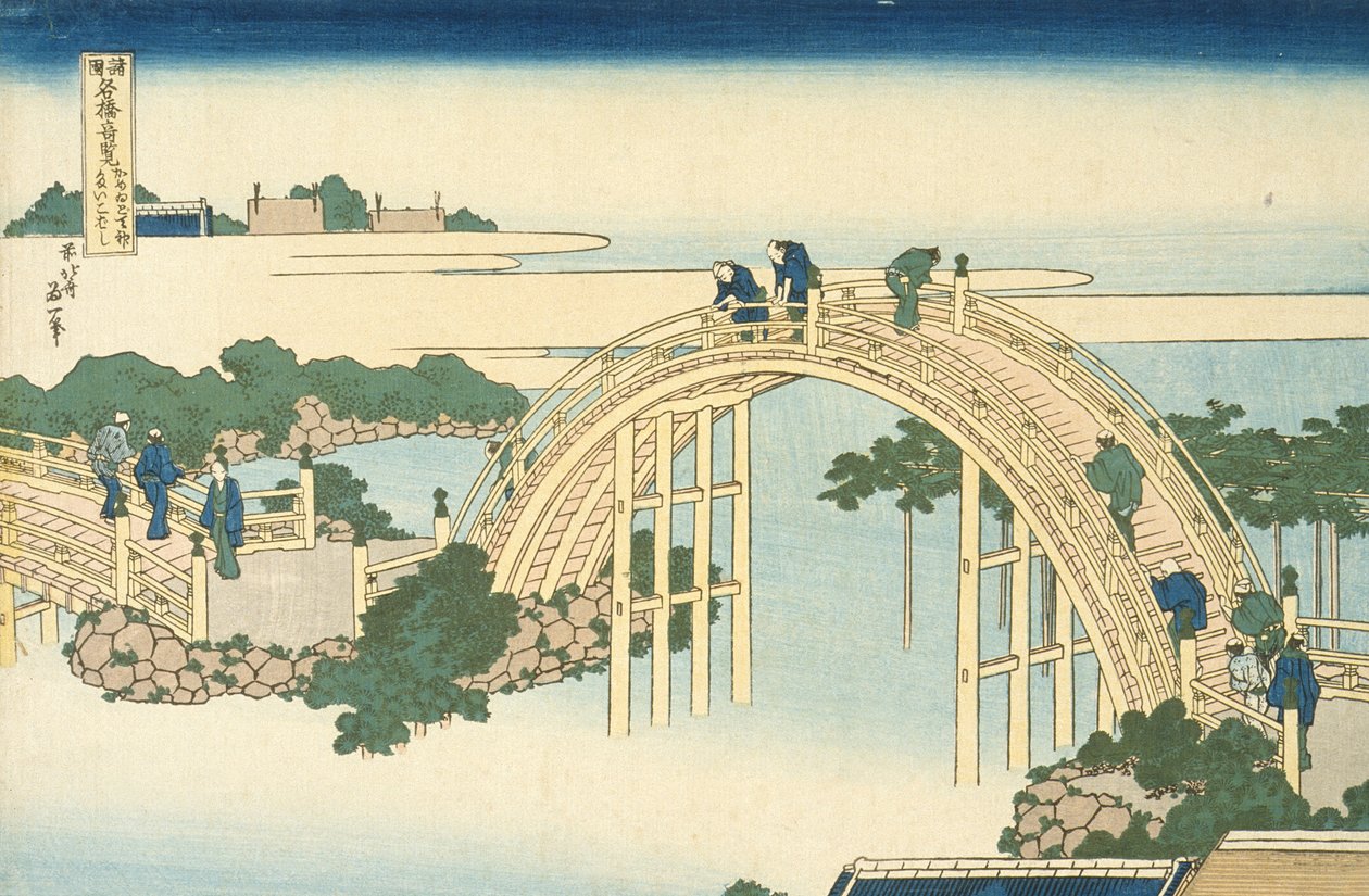 Ponte do Tambor de Kameido Tenjin Santuário da Série Vistas Maravilhosas de Pontes Famosas em Toda a Província, século XIX (impressão em xilogravura a cores) de Katsushika Hokusai