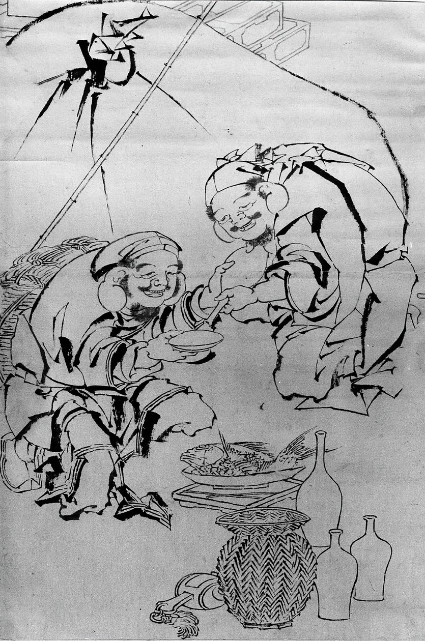 Ebisu e Daikoku Celebrando o Festival de Ano Novo, século 18-19. de Katsushika Hokusai