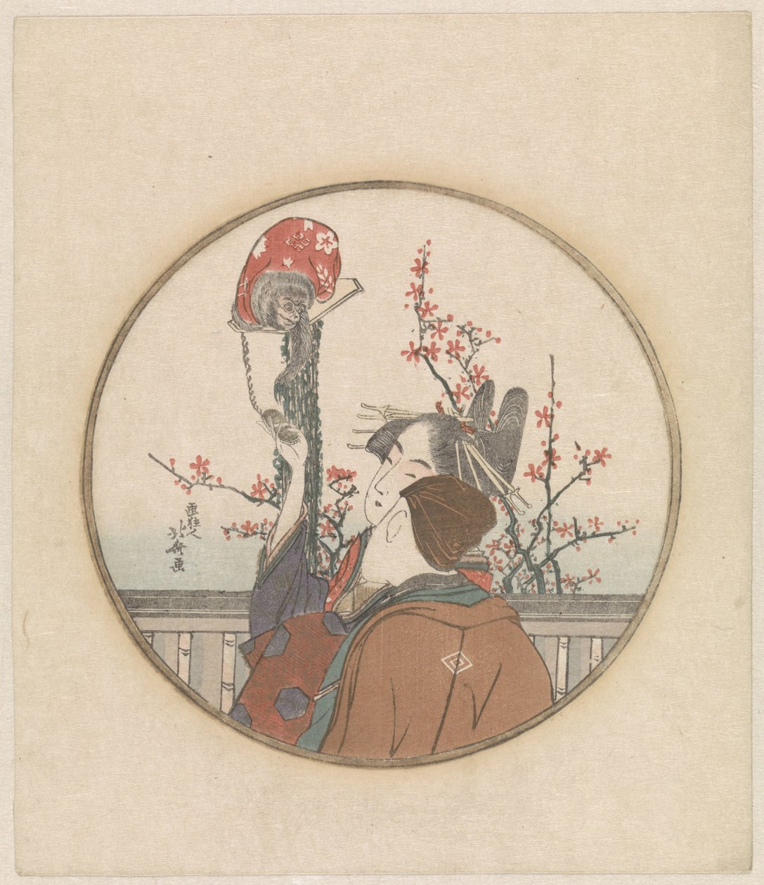 Casal com macaco e ramo de flor de Katsushika Hokusai
