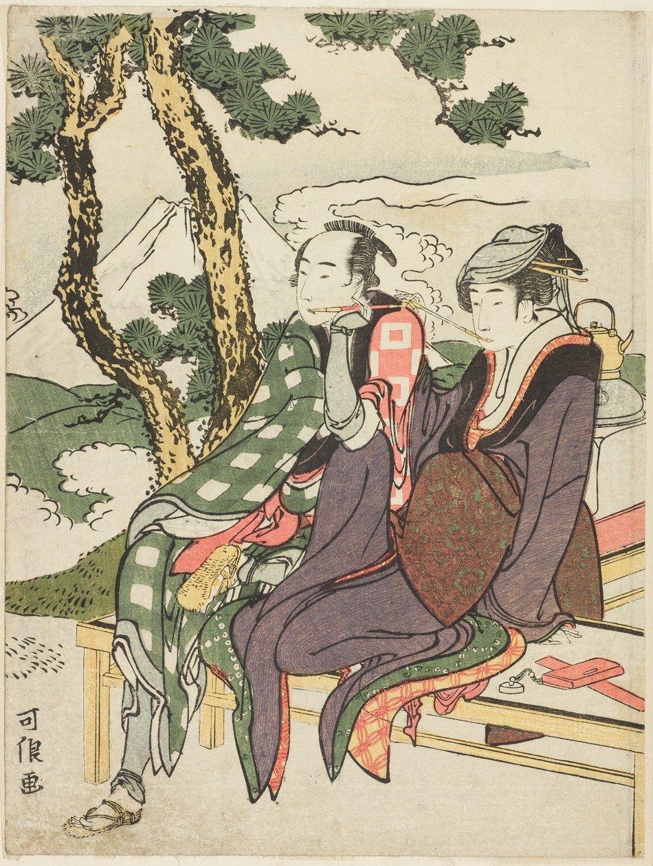Evening Glow for Date no Yosaku e Seki no Koman, da série sem título conhecida como "Eight Views of Tragic Lovers (Michiyuki hakkei)" de Katsushika Hokusai