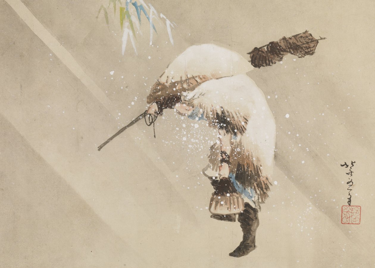 Pescador que leva a sua rede na neve, c. 1821 (tinta, cor, e gofun sobre papel) de Katsushika Hokusai