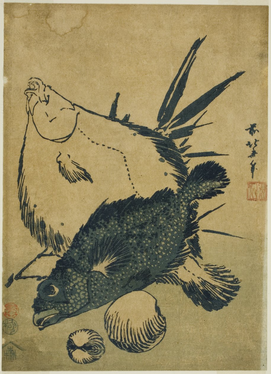 Peixes chatos, escorpiões e conchas, de uma série sem título de estampas chuban de Katsushika Hokusai