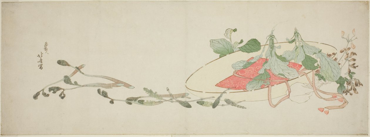 Flores e verduras de primavera em um chapéu de Katsushika Hokusai