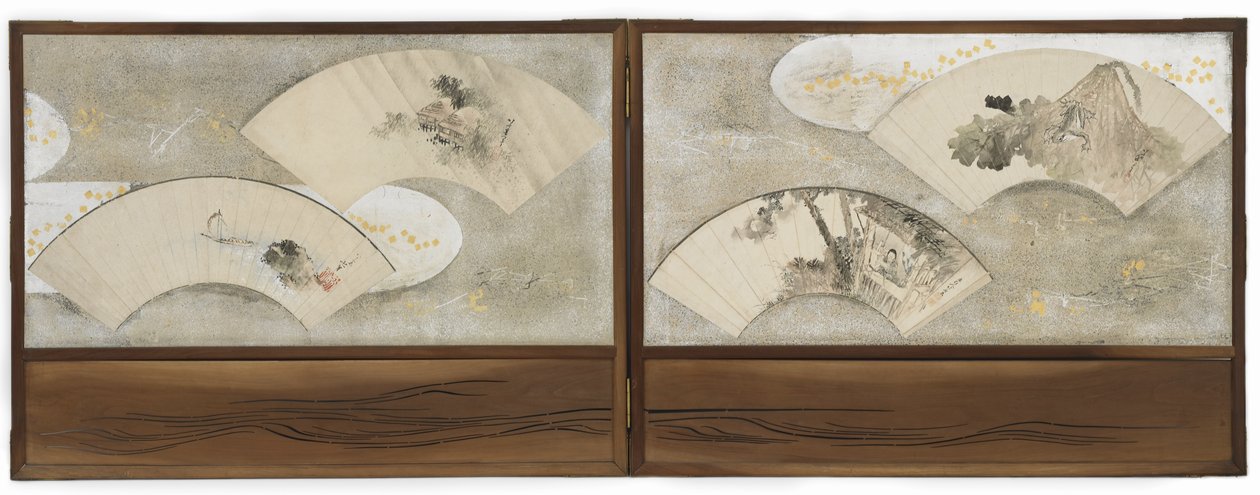 Quatro pinturas de fãs: "Sapo na folha de lótus", "Estudioso em uma casa", "Paisagem" e "Barco e pedra", período Edo (tinta e cor no papel) de Katsushika Hokusai