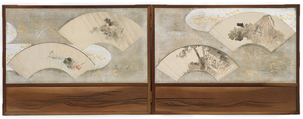 Quatro pinturas de fãs montadas em uma tela... de Katsushika Hokusai
