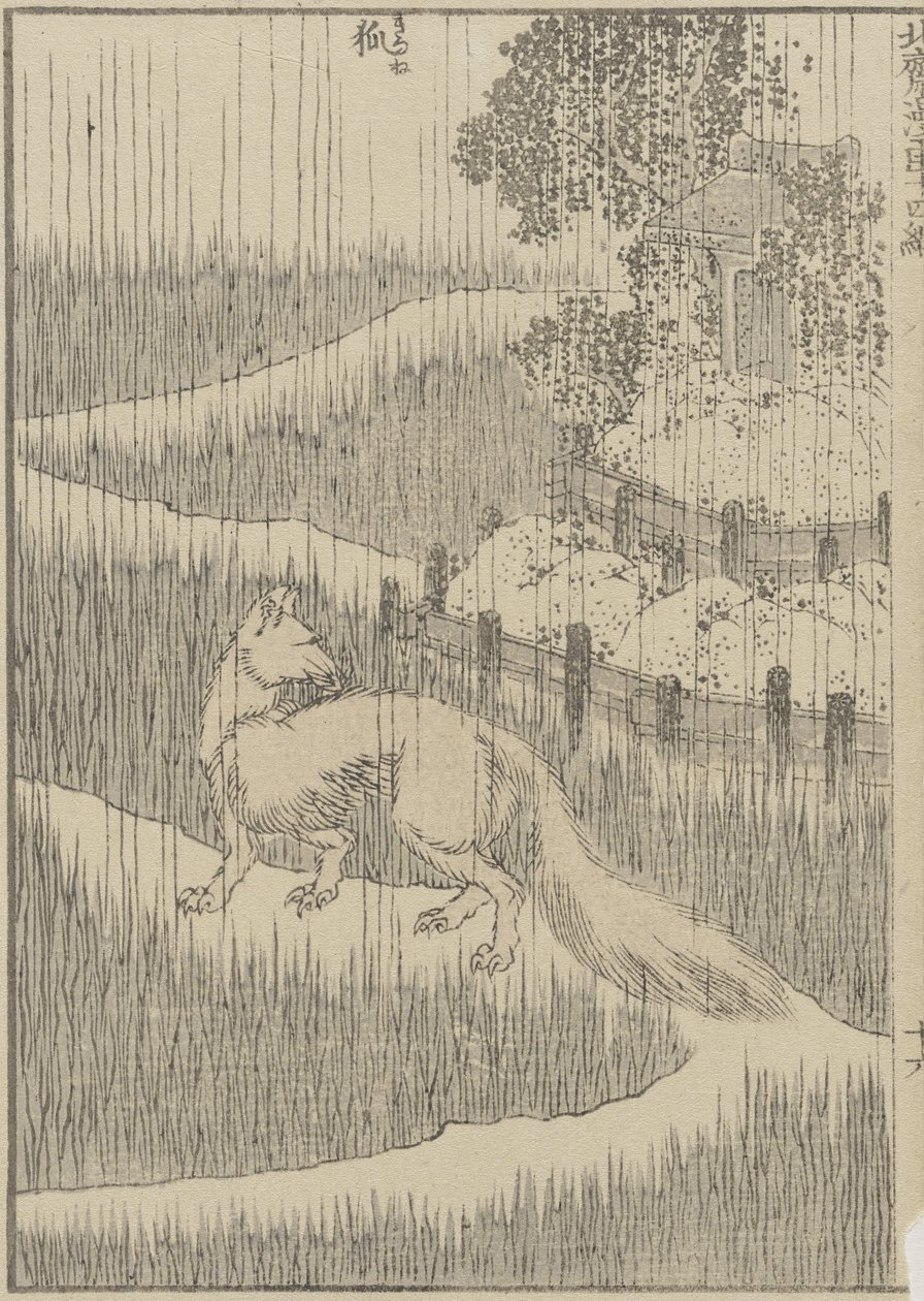 Raposa na chuva, c. 1840 (impressão em xilogravura) de Katsushika Hokusai