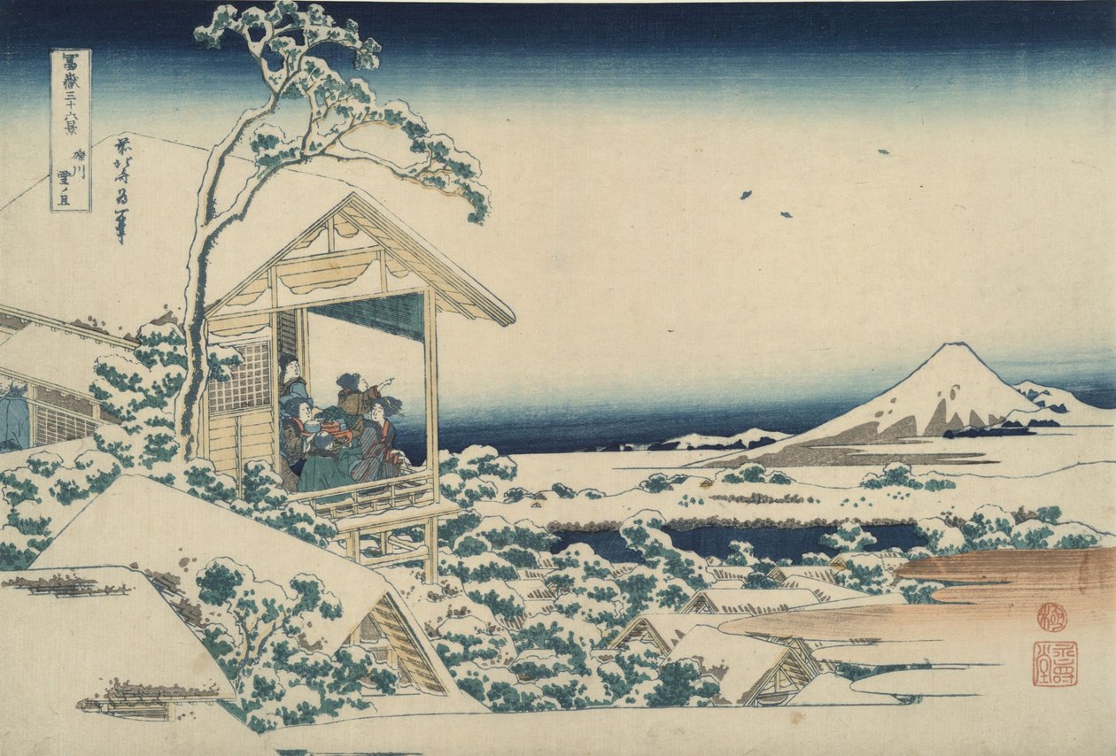 O Monte Fuji visto de Koishikawa numa manhã nevada, da série «Trinta e seis vistas do Monte Fuji» de Katsushika Hokusai