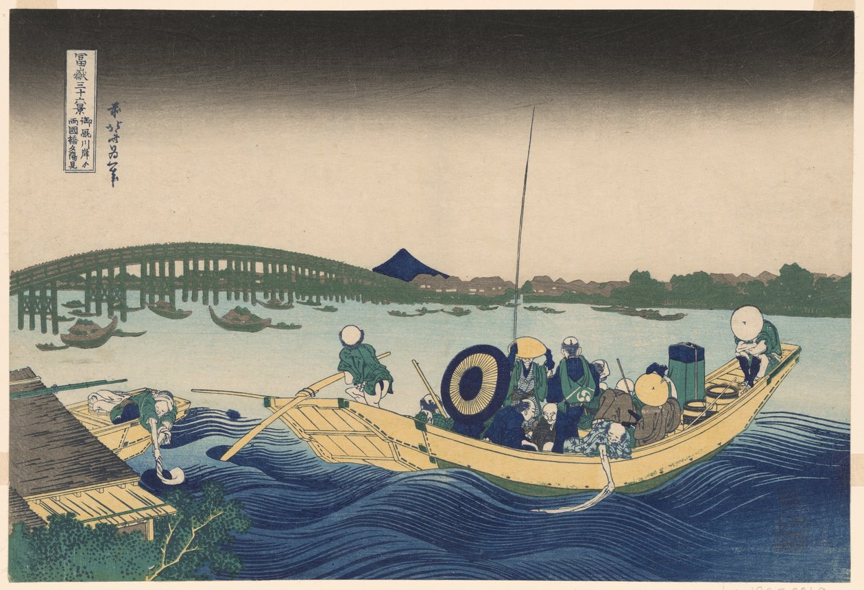 Fuji de Ommayagashi com Crepúsculo sobre a Ponte Ryogoku (Ommayagashi yori ryogokubashi sekiyo o miru), da série "Trinta e seis vistas do Monte Fuji (Fugaku sanjurokkei)" de Katsushika Hokusai
