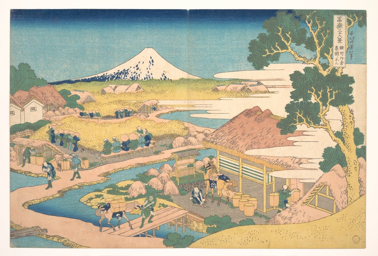 O Monte Fuji visto dos campos de chá de Katakura, em Suruga (Sunshū Katakura chaen no Fuji), da série «Trinta e seis vistas do Monte Fuji» (Fugaku sanjūrokkei) de Katsushika Hokusai
