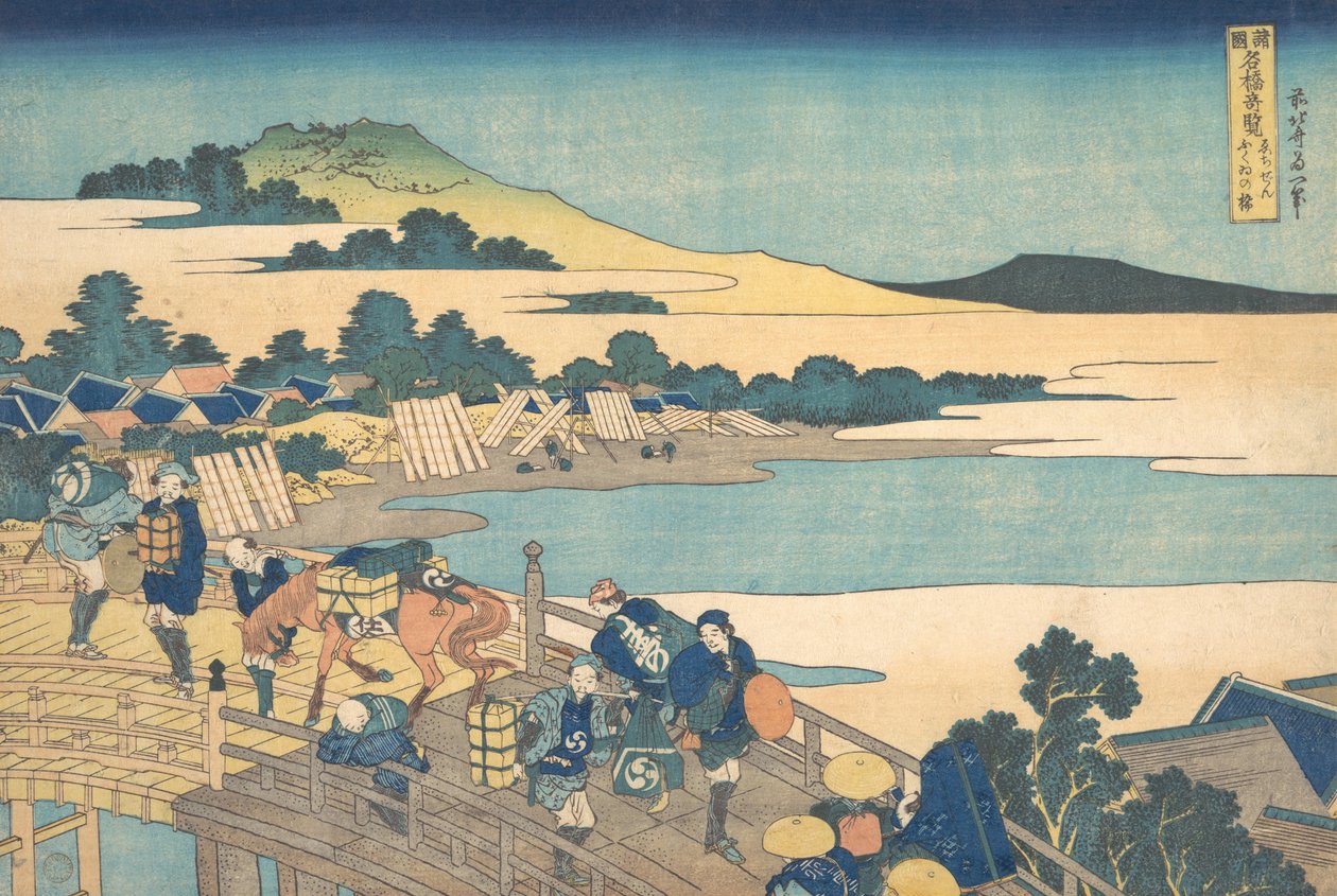 Ponte Fukui na província de Echizen Echizen Fukui no hashi, da série Remarkable V..., 1827-30. de Katsushika Hokusai