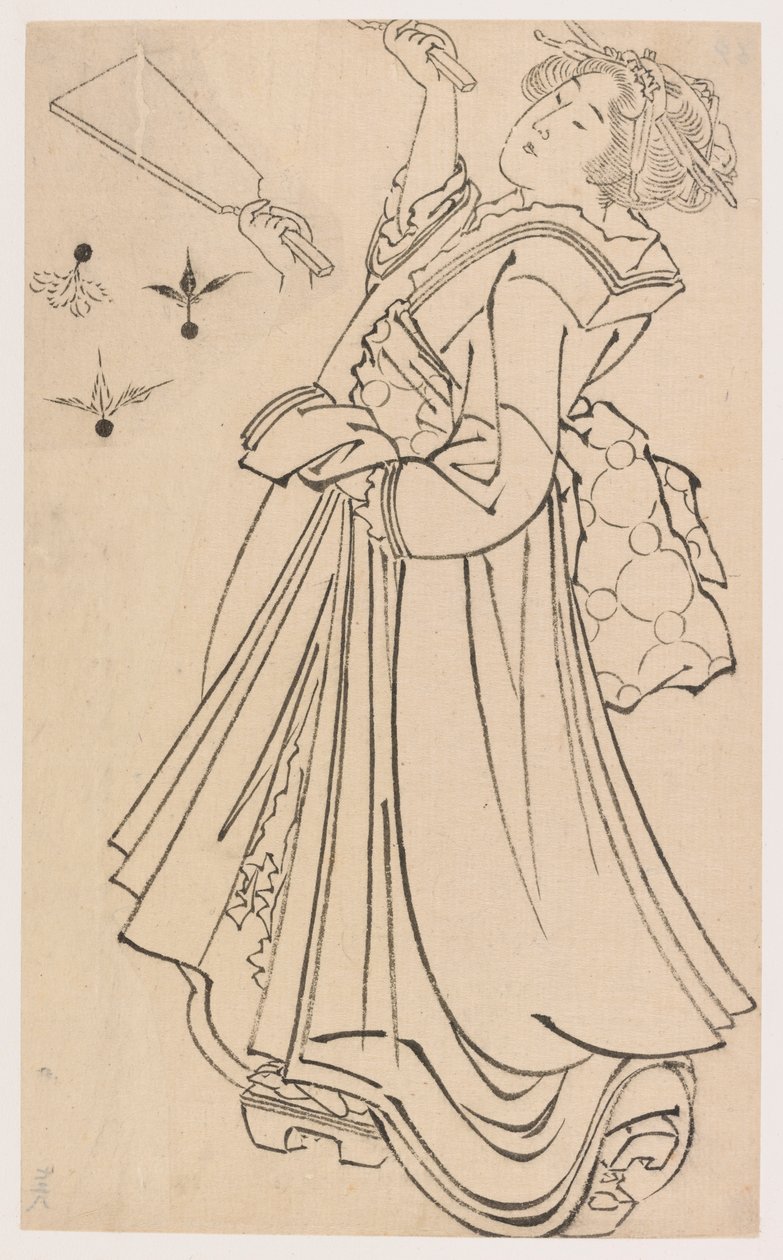 Garota brincando com um battledore e peteca, final do século 18 e início do século 19. de Katsushika Hokusai