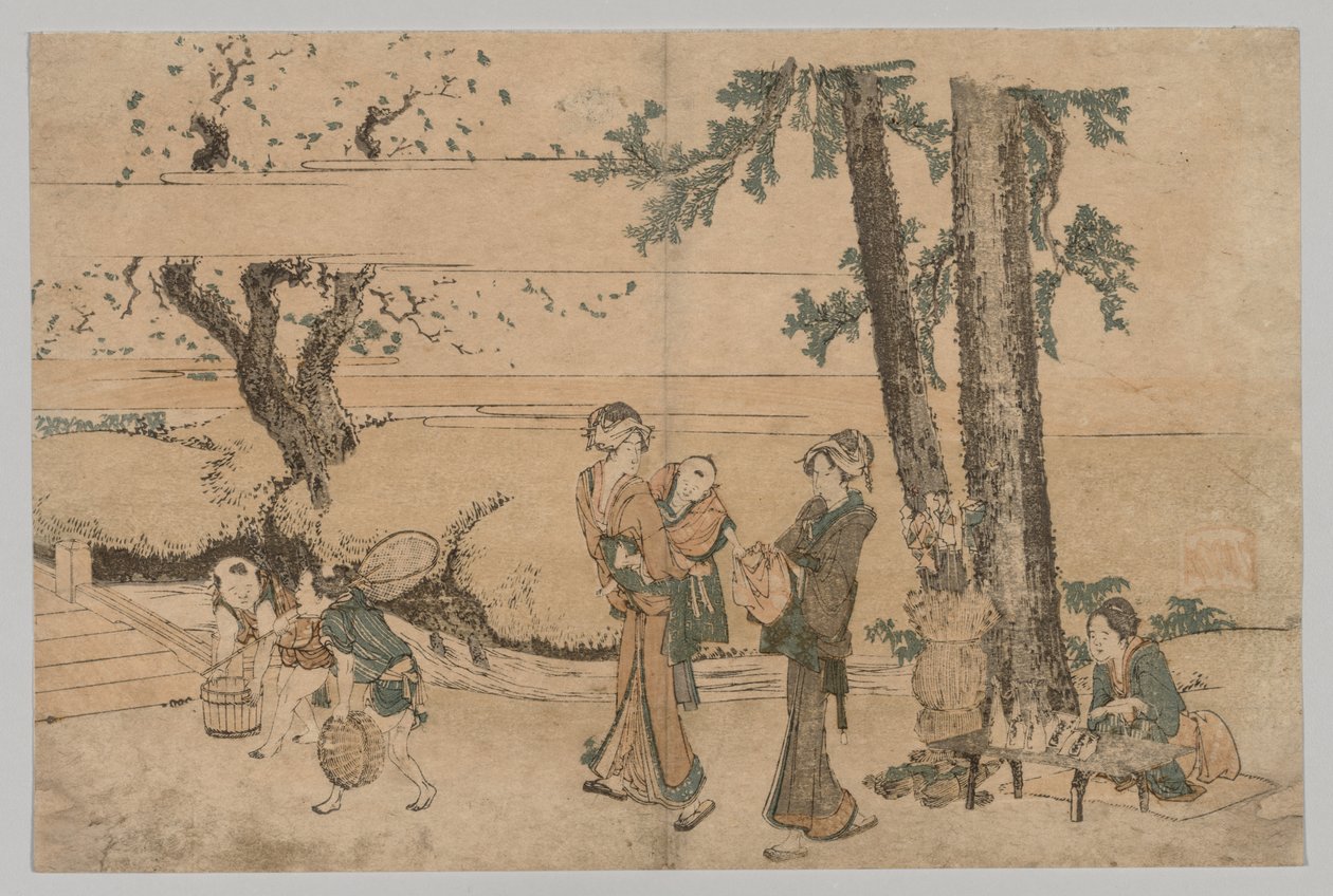 Grupo de figuras perto de um riacho de Katsushika Hokusai