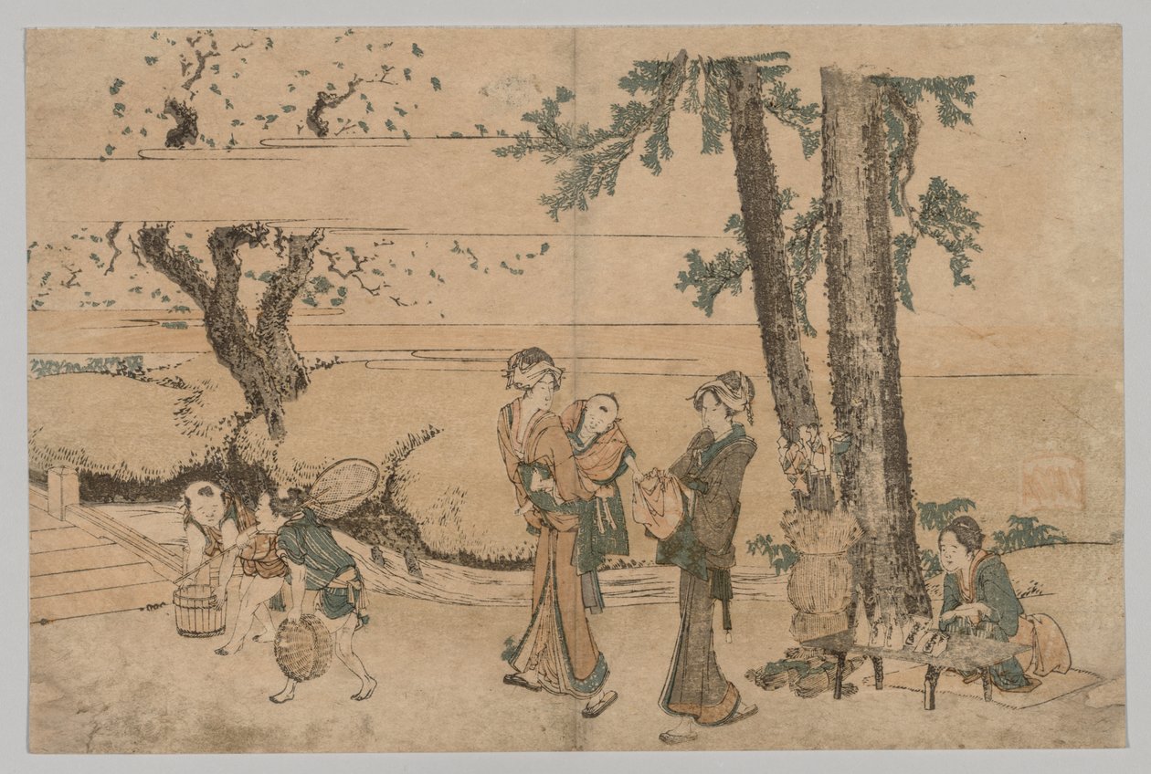 Grupo de figuras perto de um ribeiro, 1760-1849. de Katsushika Hokusai
