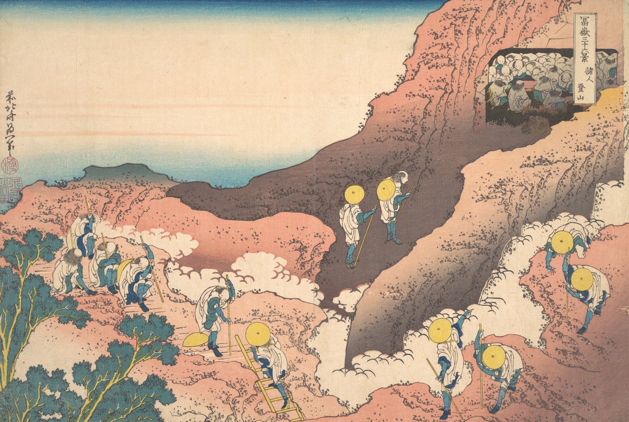 Grupos de alpinistas Shojin tozan, da série Trinta e seis vistas de Mou..., ca. 1830-32. de Katsushika Hokusai