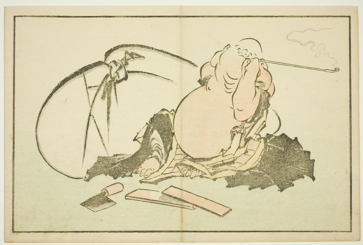Hotei fumando seu cachimbo, do livro ilustrado de pinturas realistas de Hokusai (Hokusai shashin gafu) de Katsushika Hokusai