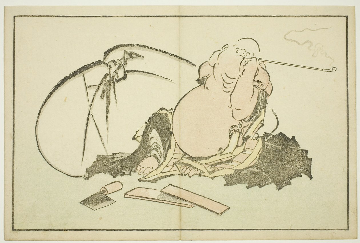 Hotei Smoking his Pipe, de The Picture Book of Realistic Paintings of Hokusai (Hokusai shashin gafu), c.1814 (xilogravura a cores (folha de álbum)) de Katsushika Hokusai