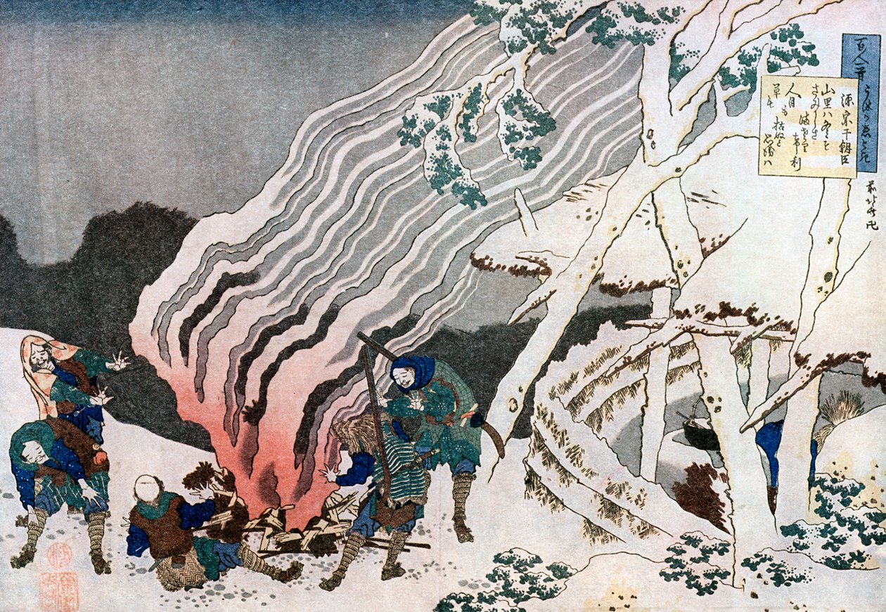 Caçadores por um incêndio na neve, c1835. de Katsushika Hokusai