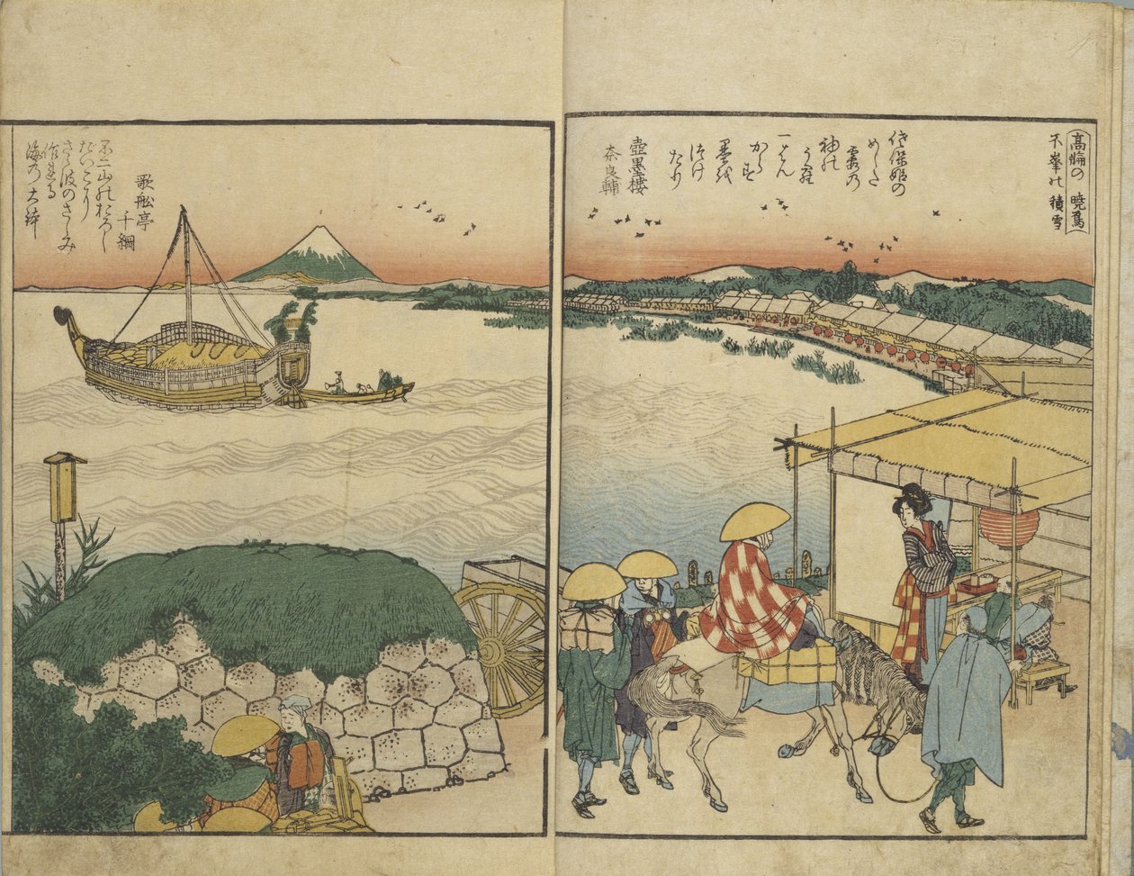 Livro ilustrado com vistas de ambas as margens do rio Sumida de Katsushika Hokusai