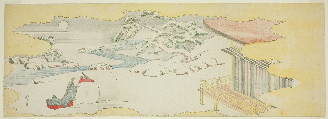 Ilustração de O Sino Azul (Asagao), Capítulo 20 do Conto de Genji (Genji monogatari) de Katsushika Hokusai