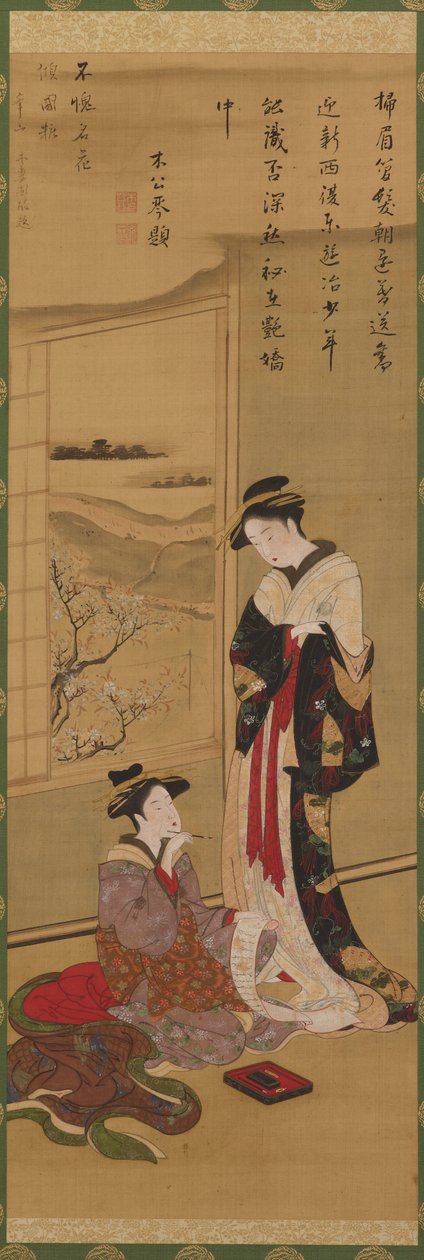 Interior: uma escrita cortesã, outra olhando, final do século XVIII-início do século XIX. de Katsushika Hokusai