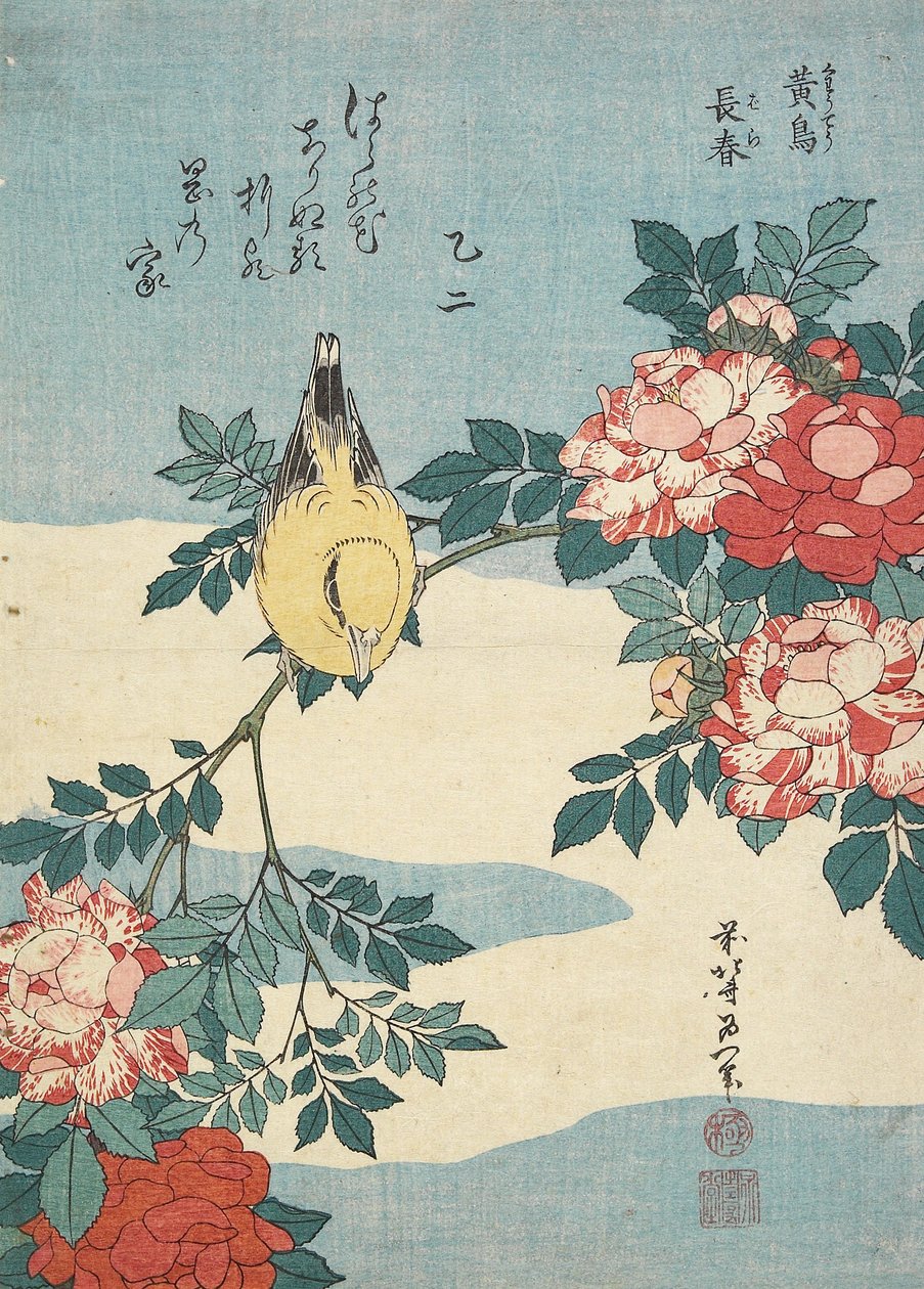 Nightingale japonês e spray de rosas, c. 1832 de Katsushika Hokusai