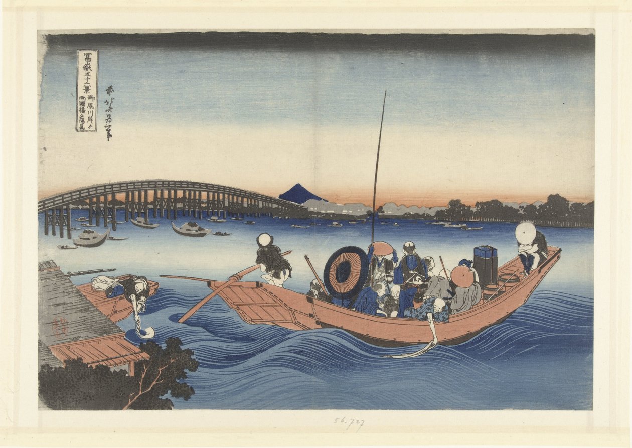 Observação do pôr-do-sol na ponte Ryogoku a partir do banco Onmaya
Onmayagashi yori Ryogokubashi no sekiyo o miru (título sobre o objecto)
36 vistas do Monte Fuji (título da série)
Fugaku sanjurokkei (título da série sobre o objecto) de Katsushika Hokusai