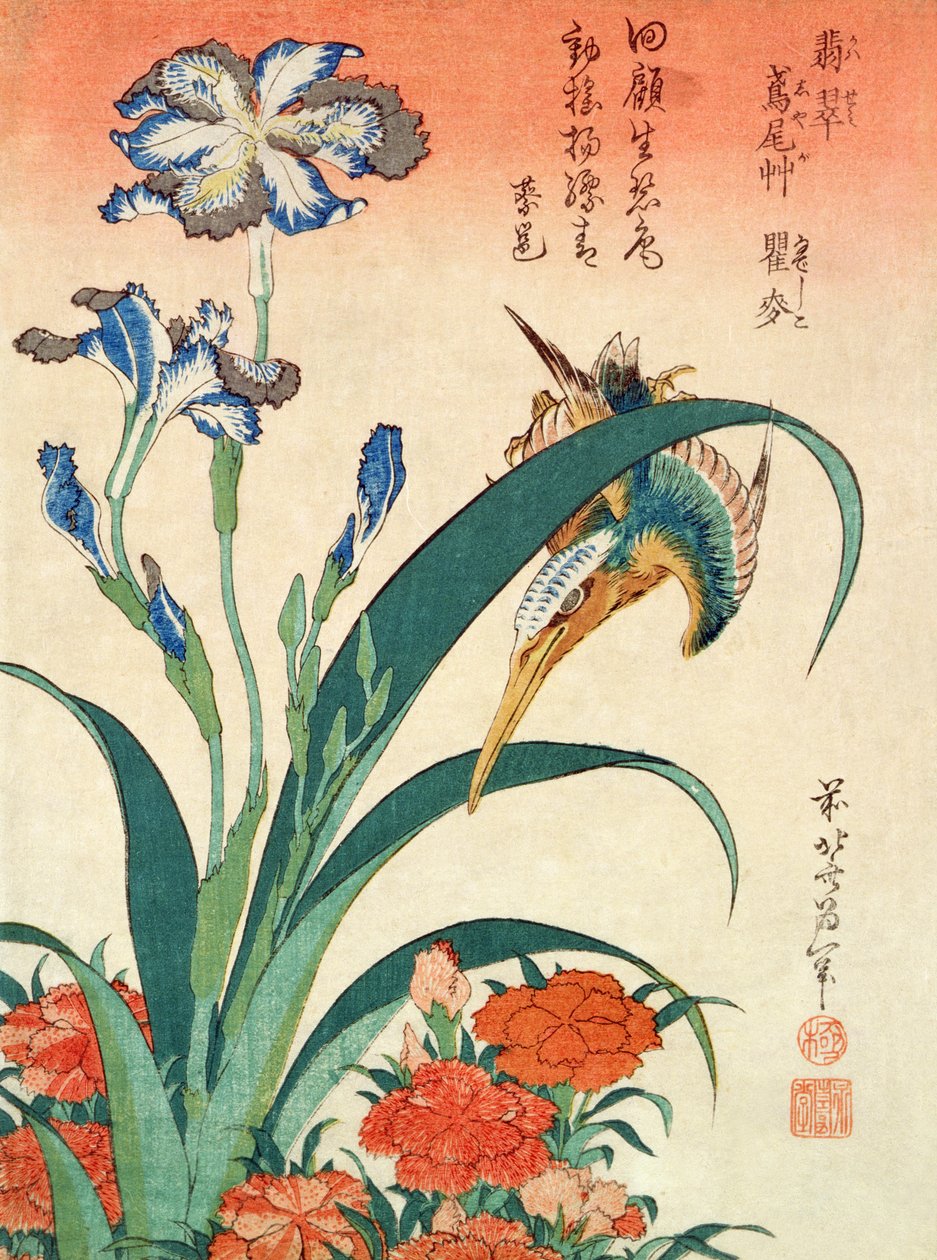Martim-pescador, Íris e rosas, pub. por Nishimura Eijudo, c.1832, um de um conjunto de dez impressões, (tamanho de chuban, woodblock de cor) de Katsushika Hokusai