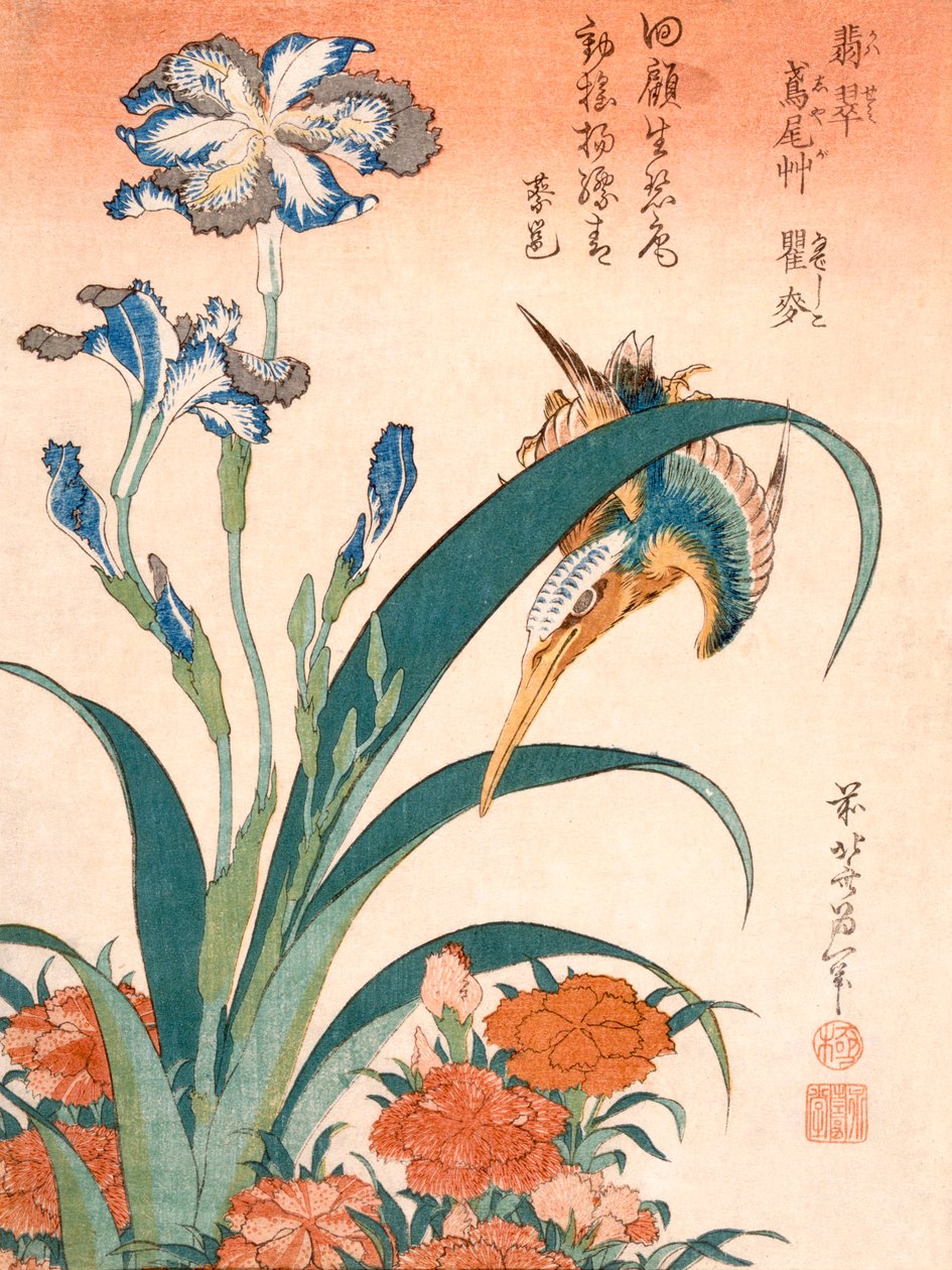 Kingfisher, Iris and Pinks, publicado c1834. de Katsushika Hokusai