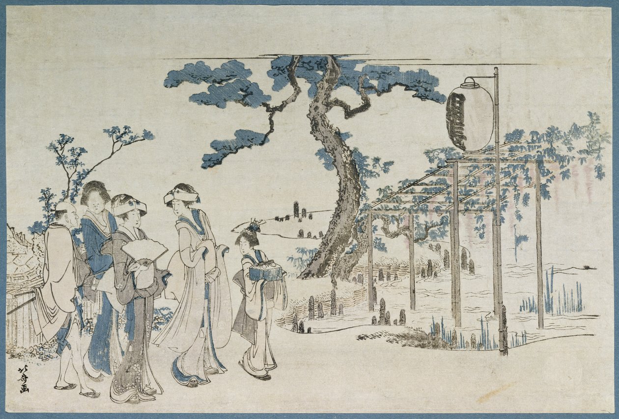 Senhoras visitando os jardins das glicínias em Kameido (impressão em xilogravura) de Katsushika Hokusai