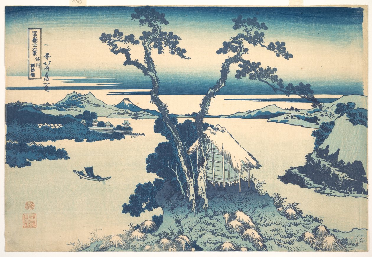 Lago Suwa, na província de Shinano (Shinshū Suwako), da série «Trinta e seis vistas do Monte Fuji» (Fugaku sanjūrokkei) de Katsushika Hokusai