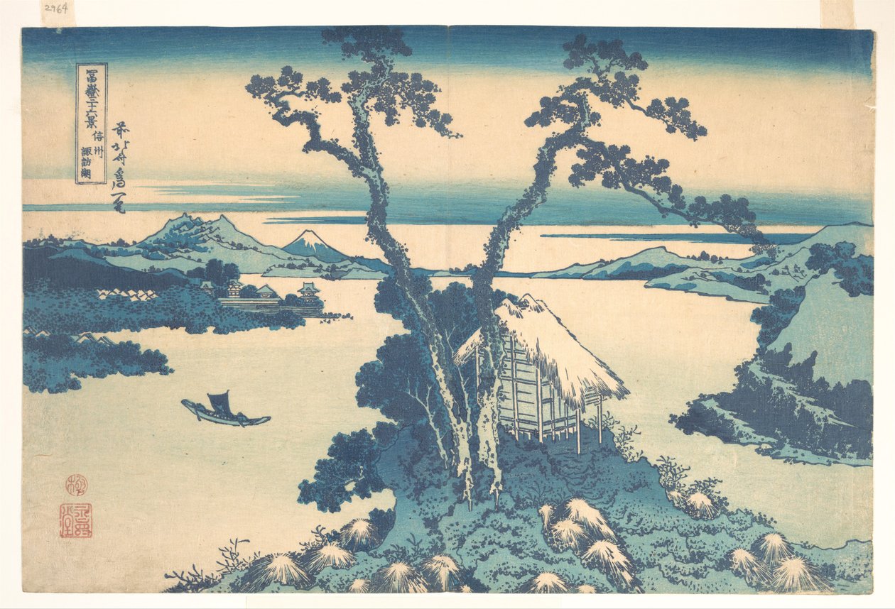 Lago Suwa, na província de Shinano (Shinshū Suwako), da série «Trinta e seis vistas do Monte Fuji» (Fugaku sanjūrokkei) de Katsushika Hokusai