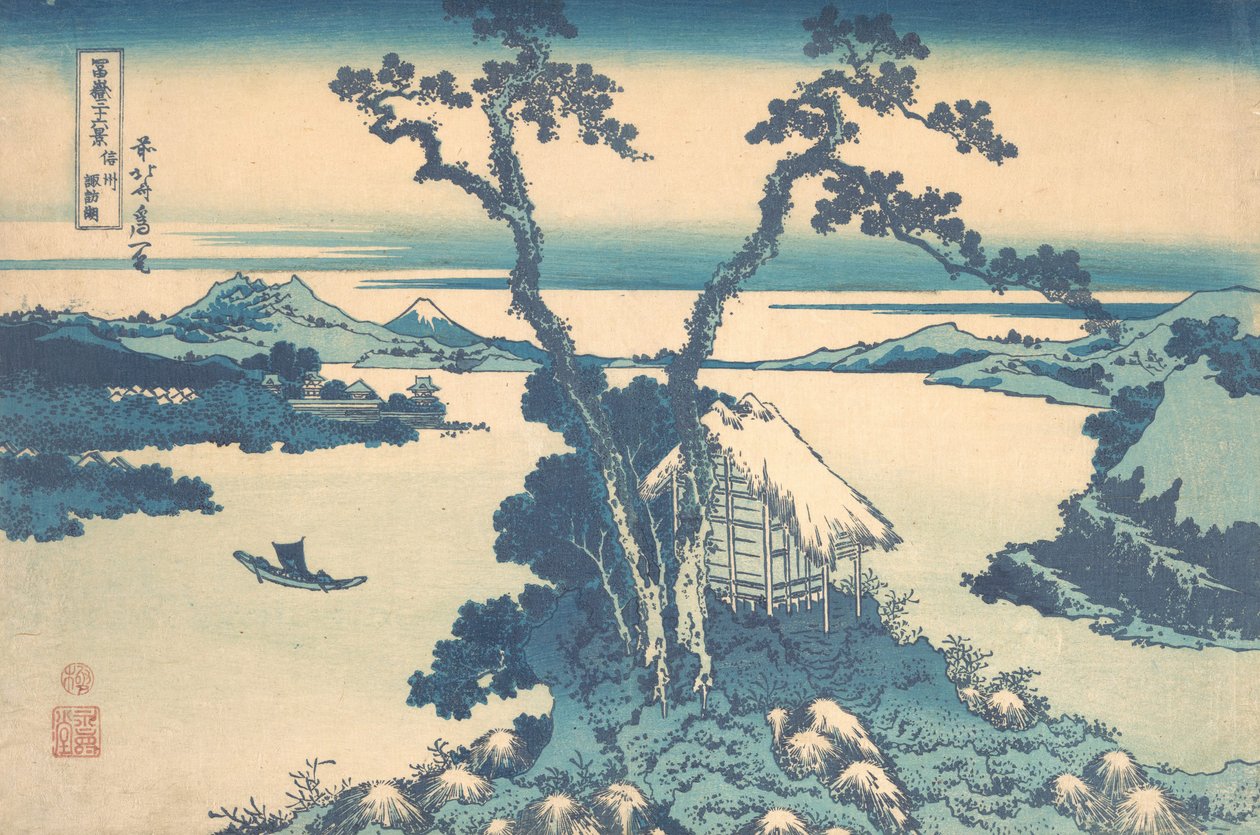 Lago Suwa na província de Shinano Shinshu Suwako, da série Trinta e seis vistas de..., ca. 1830-32. de Katsushika Hokusai
