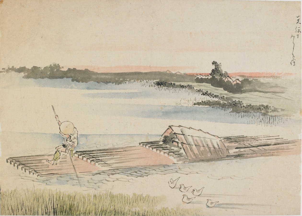 Paisagem: barqueiro em sua jangada, final do século 18 e início do século 19. de Katsushika Hokusai