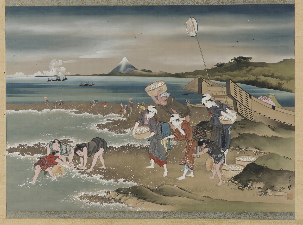 Paisagem: amêijoas na praia (tinta e cor na seda) de Katsushika Hokusai