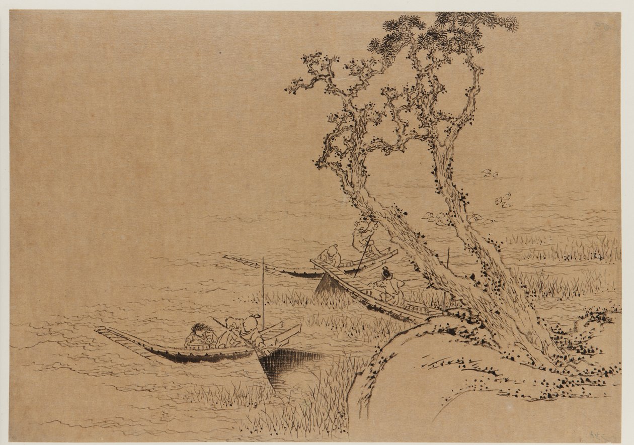 Paisagem: figuras pescando em barcos, final do século XVIII-início do século XIX. de Katsushika Hokusai