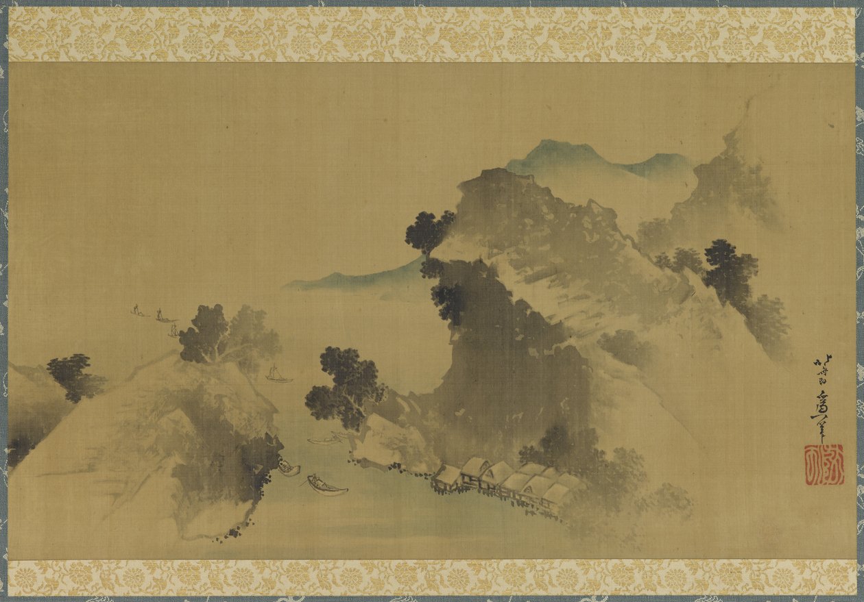 Paisagem: montanhas, riachos e barcos, Período Edo (tinta e cor no painel de seda) de Katsushika Hokusai