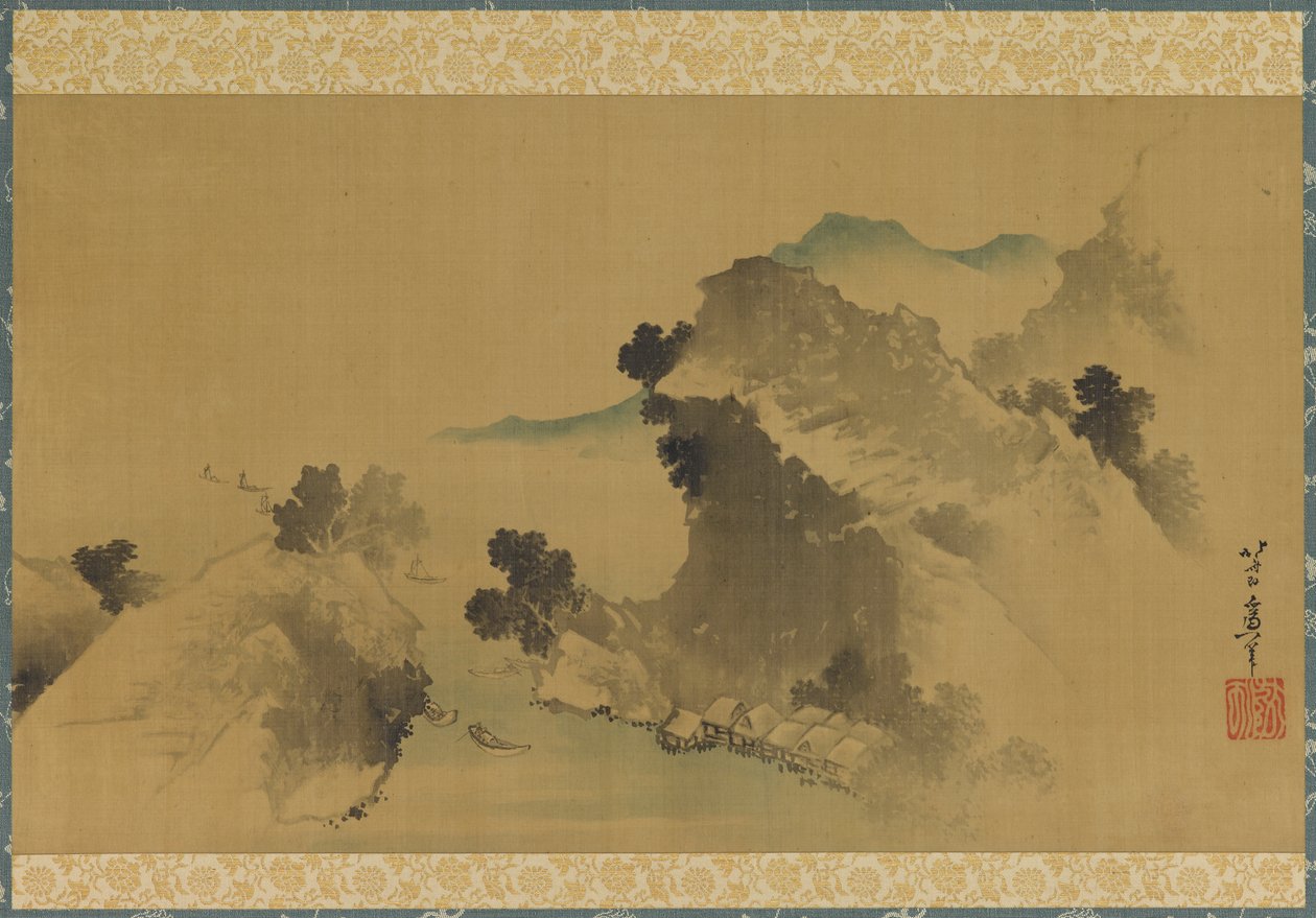 Paisagem: montanhas, riachos e barcos, final do século XVIII-início do século XIX. de Katsushika Hokusai